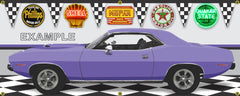 1970 PLYMOUTH 'CUDA PLUM CRAZY PURPLE CUSTOM GARAGE SCENE SIDE VIEW BANNER SIGN CAR ART MURAL VARIOUS SIZES