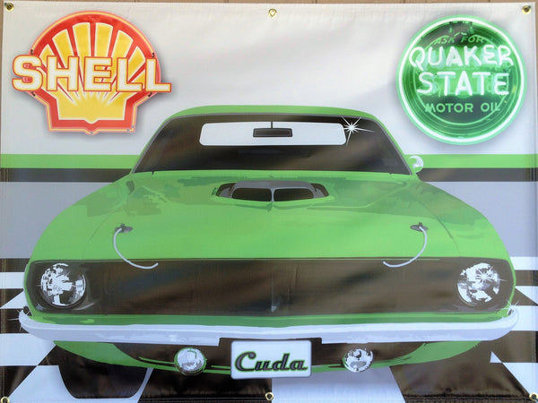 1970 PLYMOUTH CUDA SUBLIME GREEN GARAGE SCENE Neon Effect Sign Printed Banner 4' x 3'