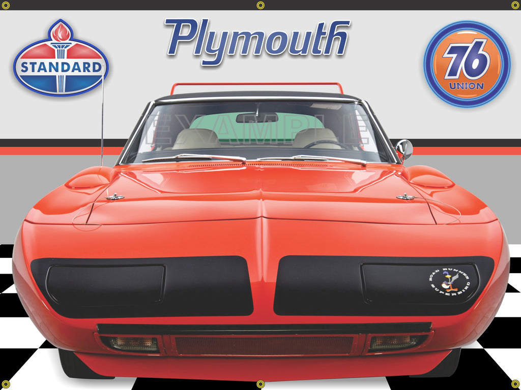 1970 Plymouth ROAD RUNNER SUPERBIRD TOR-RED CAR GARAGE SCENE FRONT VIEW 3' X 4' BANNER SIGN CAR ART MURAL