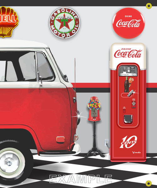 1970 VOLKSWAGEN BUS RED WHITE CAR GARAGE SCENE SIDE VIEW BANNER SIGN CAR ART MURAL VARIOUS SIZES