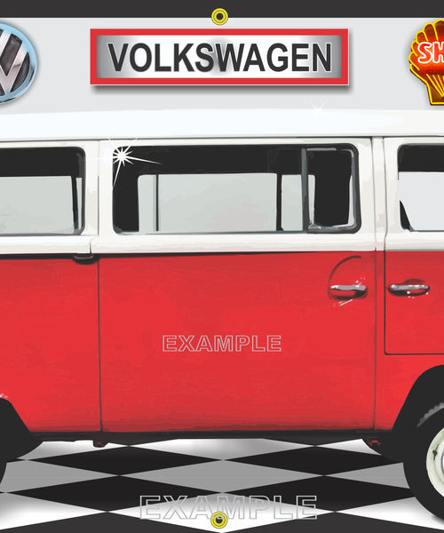 1970 VOLKSWAGEN BUS RED WHITE CAR GARAGE SCENE SIDE VIEW BANNER SIGN CAR ART MURAL VARIOUS SIZES