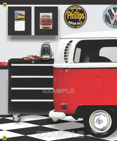 1970 VOLKSWAGEN BUS RED WHITE CAR GARAGE SCENE SIDE VIEW BANNER SIGN CAR ART MURAL VARIOUS SIZES