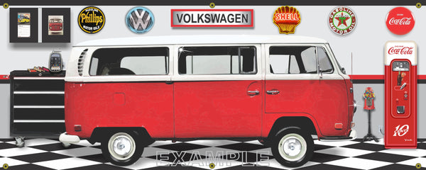 1970 VOLKSWAGEN BUS RED WHITE CAR GARAGE SCENE SIDE VIEW BANNER SIGN CAR ART MURAL VARIOUS SIZES