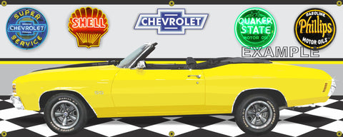 1971 CHEVROLET CHEVELLE SS BRIGHT YELLOW BLACK CONVERTIBLE CAR GARAGE SCENE SIDE VIEW BANNER SIGN ART MURAL VARIOUS SIZES