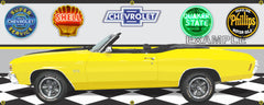 1971 CHEVROLET CHEVELLE SS BRIGHT YELLOW BLACK CONVERTIBLE CAR GARAGE SCENE SIDE VIEW BANNER SIGN ART MURAL VARIOUS SIZES