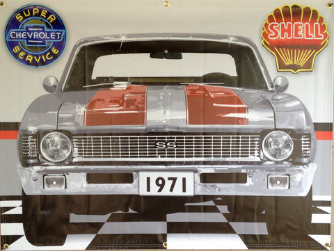 1971 CHEVROLET NOVA GREY-RED RALLY STRIPES GARAGE SCENE Neon Effect Sign Printed Banner 4' x 3'