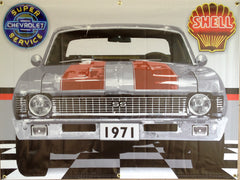 1971 CHEVROLET NOVA GREY-RED RALLY STRIPES GARAGE SCENE Neon Effect Sign Printed Banner 4' x 3'