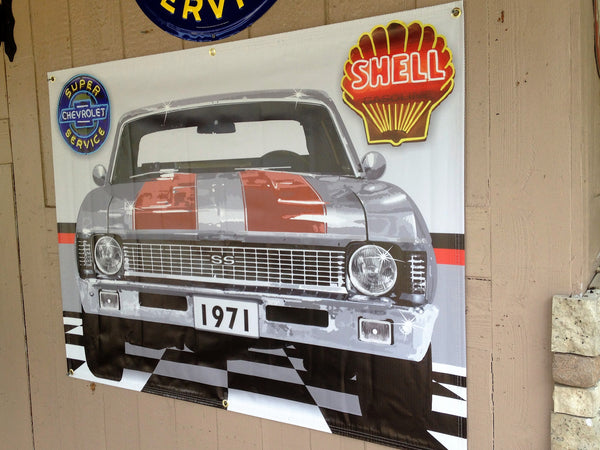 1971 CHEVROLET NOVA GREY-RED RALLY STRIPES GARAGE SCENE Neon Effect Sign Printed Banner 4' x 3'