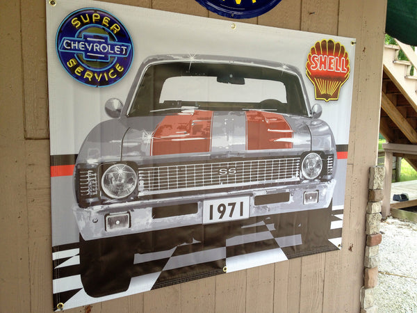 1971 CHEVROLET NOVA GREY-RED RALLY STRIPES GARAGE SCENE Neon Effect Sign Printed Banner 4' x 3'