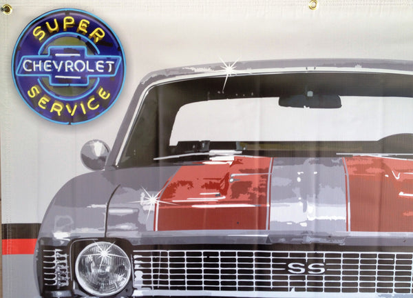 1971 CHEVROLET NOVA GREY-RED RALLY STRIPES GARAGE SCENE Neon Effect Sign Printed Banner 4' x 3'
