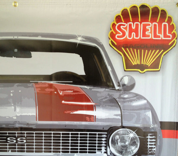 1971 CHEVROLET NOVA GREY-RED RALLY STRIPES GARAGE SCENE Neon Effect Sign Printed Banner 4' x 3'