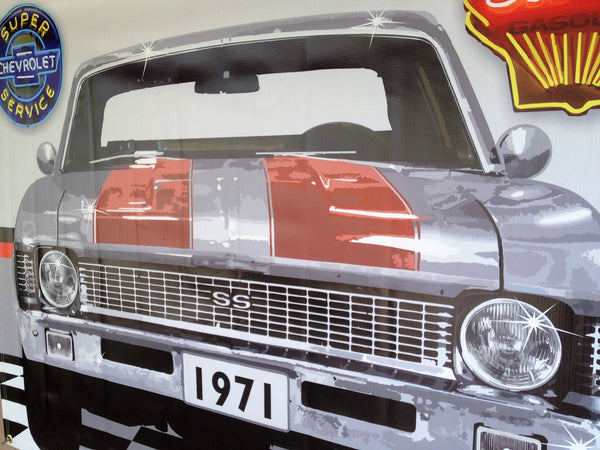 1971 CHEVROLET NOVA GREY-RED RALLY STRIPES GARAGE SCENE Neon Effect Sign Printed Banner 4' x 3'