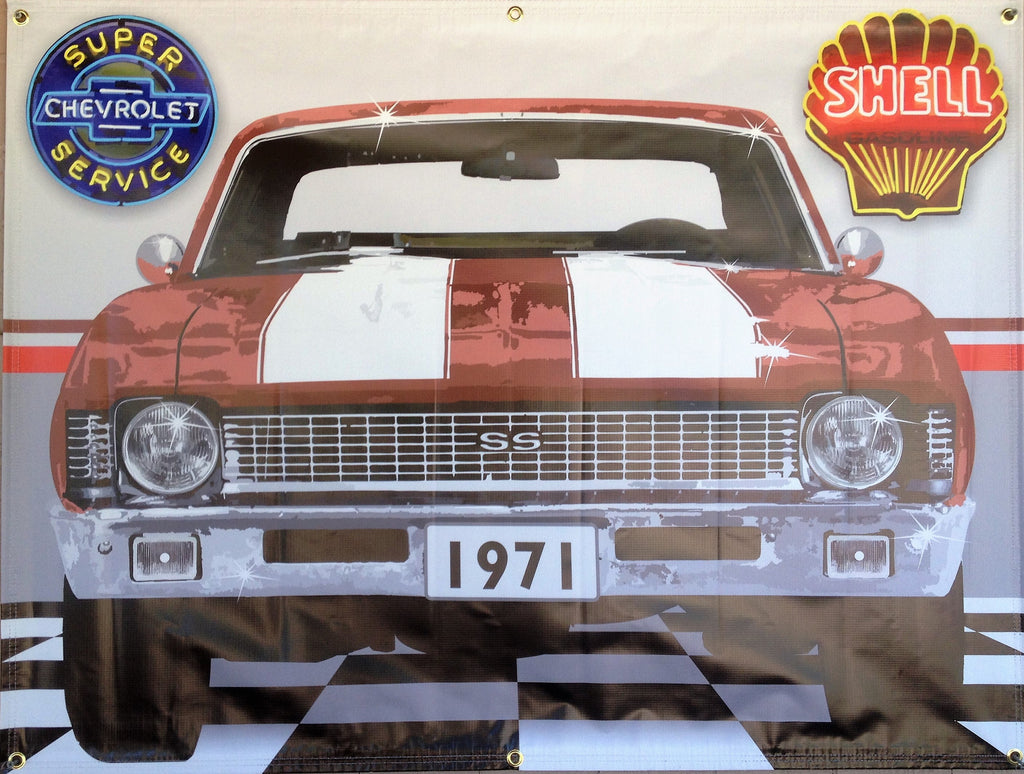 1971 CHEVY CHEROLET NOVA RED-WHITE RALLY STRIPES GARAGE SCENE Neon Effect Sign Printed Banner 4' x 3'