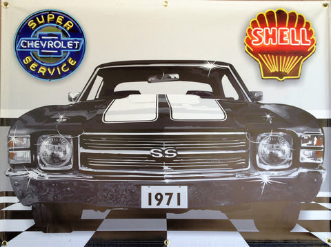 1971 CHEVY CHEVELLE BLACK W-WHITE STRIPES GARAGE SCENE Neon Effect Sign Printed Banner 4' x 3'