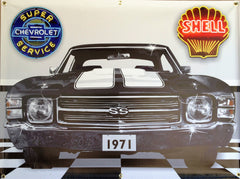 1971 CHEVY CHEVELLE BLACK W-WHITE STRIPES GARAGE SCENE Neon Effect Sign Printed Banner 4' x 3'
