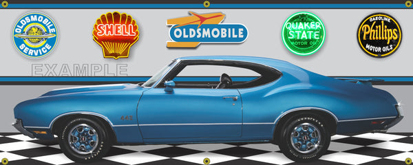 1971 OLDSMOBILE CUTLASS 442 VIKING BLUE CAR GARAGE SCENE FRONT OR SIDE VIEW BANNER SIGN ART MURAL