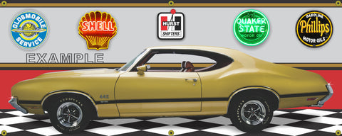 1971 OLDSMOBILE 442 W-30 SATURN GOLD GARAGE SCENE SIDE VIEW BANNER SIGN ART MURAL VARIOUS SIZES