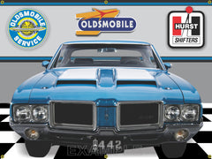 1971 OLDSMOBILE CUTLASS 442 VIKING BLUE CAR GARAGE SCENE FRONT OR SIDE VIEW BANNER SIGN ART MURAL