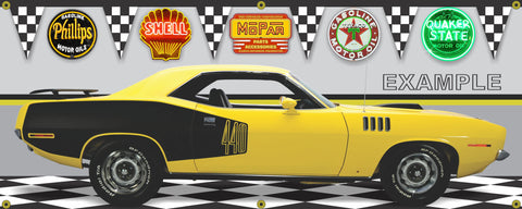 1971 PLYMOUTH 'CUDA LEMON TWIST 440 CAR GARAGE SCENE SIDE VIEW BANNER SIGN ART MURAL VARIOUS SIZES