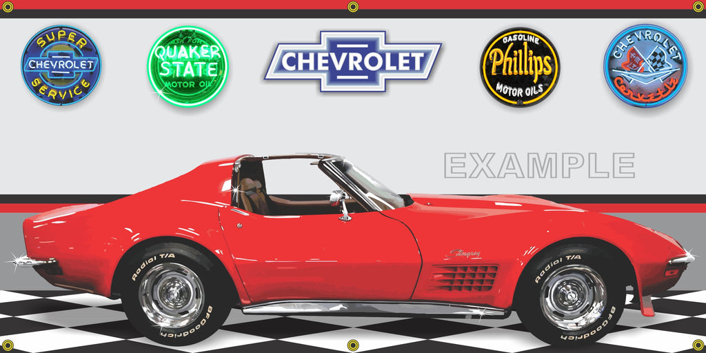 1972 CHEVROLET CORVETTE RED T-TOP CAR GARAGE SCENE SIDE VIEW BANNER SIGN ART MURAL VARIOUS SIZES