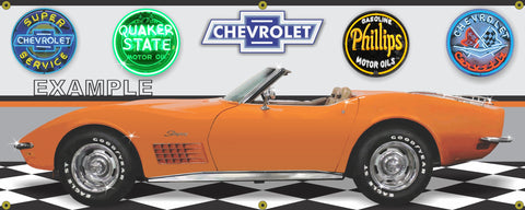 1972 CHEVROLET CORVETTE STINGRAY CONVERTIBLE ONTARIO ORANGE CAR GARAGE SCENE SIDE VIEW BANNER SIGN ART MURAL VARIOUS SIZES