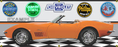 1972 CHEVROLET CORVETTE STINGRAY CONVERTIBLE ONTARIO ORANGE CAR GARAGE SCENE SIDE VIEW BANNER SIGN ART MURAL VARIOUS SIZES