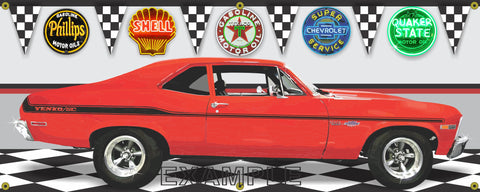 1972 CHEVROLET NOVA SS YENKO RED CAR GARAGE SCENE SIDE VIEW BANNER SIGN ART MURAL VARIOUS SIZES