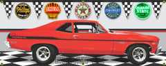1972 CHEVROLET NOVA SS YENKO RED CAR GARAGE SCENE SIDE VIEW BANNER SIGN ART MURAL VARIOUS SIZES