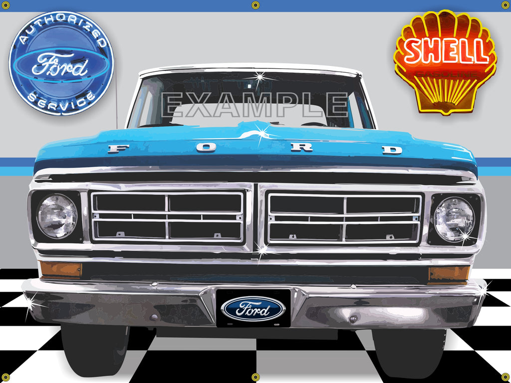 1972 FORD F-100 TRUCK TURQUOISE BLUE GARAGE SCENE SIDE VIEW BANNER SIGN CAR ART MURAL 4' X 3'