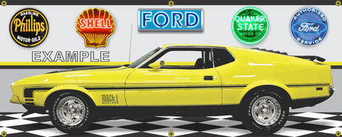 1972 FORD MUSTANG MACH 1 BRIGHT YELLOW CAR GARAGE SCENE SIDE VIEW BANNER SIGN ART MURAL VARIOUS SIZES