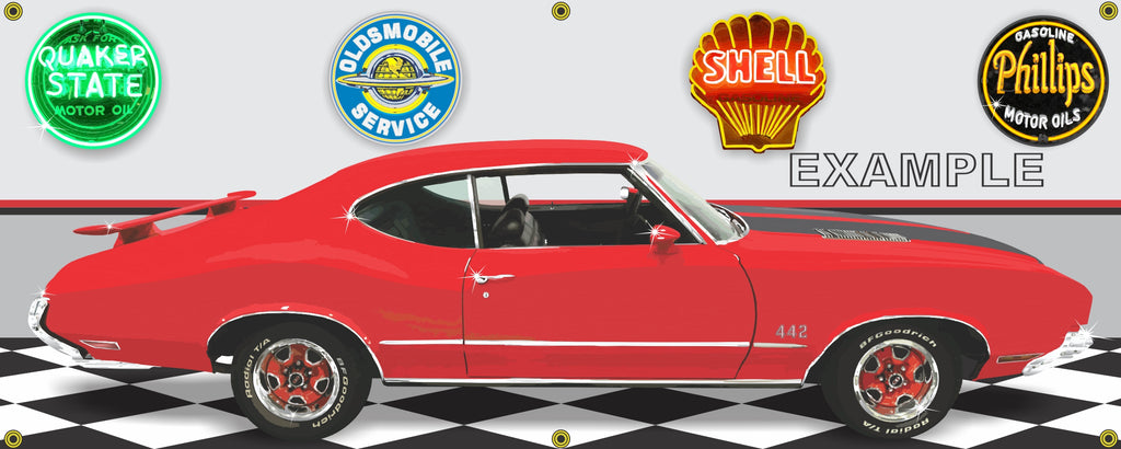 1972 OLDSMOBILE CUTLASS 442 RED CAR GARAGE SCENE SIDE VIEW BANNER SIGN ART MURAL VARIOUS SIZES