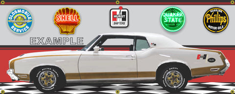 1972 OLDSMOBILE HURST OLDS CUTLASS WHITE CAR GARAGE SCENE SIDE VIEW BANNER SIGN ART MURAL VARIOUS SIZES