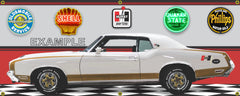1972 OLDSMOBILE HURST OLDS CUTLASS WHITE CAR GARAGE SCENE SIDE VIEW BANNER SIGN ART MURAL VARIOUS SIZES