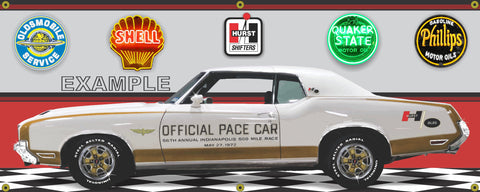 1972 OLDSMOBILE HURST OLDS CUTLASS WHITE INDY PACE CAR GARAGE SCENE SIDE VIEW BANNER SIGN ART MURAL VARIOUS SIZES