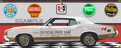 1972 OLDSMOBILE HURST OLDS CUTLASS WHITE INDY PACE CAR GARAGE SCENE SIDE VIEW BANNER SIGN ART MURAL VARIOUS SIZES