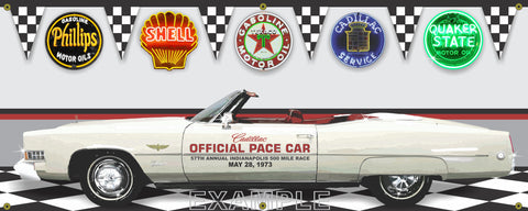 1973 CADILLAC ELDORADO INDY 500 PACE CAR WHITE CONVERTIBLE GARAGE SCENE SIDE VIEW BANNER SIGN ART MURAL VARIOUS SIZES