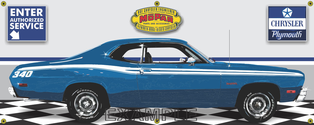 1973 PLYMOUTH 340 DUSTER BLUE RETRO CAR GARAGE SCENE SIDE VIEW BANNER SIGN CAR ART MURAL VARIOUS SIZES