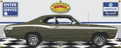 1973 PLYMOUTH 340 DUSTER GREEN RETRO CAR GARAGE SCENE SIDE VIEW BANNER SIGN CAR ART MURAL VARIOUS SIZES
