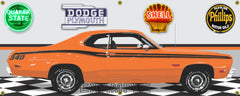 1973 PLYMOUTH 340 DUSTER HEMI ORANGE CAR GARAGE SCENE SIDE VIEW BANNER SIGN CAR ART MURAL VARIOUS SIZES