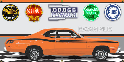1973 PLYMOUTH 340 DUSTER HEMI ORANGE CAR GARAGE SCENE SIDE VIEW BANNER SIGN ART MURAL VARIOUS SIZES