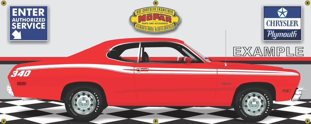 1973 PLYMOUTH 340 DUSTER RED WHITE STRIPES CAR GARAGE SCENE SIDE VIEW BANNER SIGN CAR ART MURAL VARIOUS SIZES