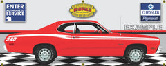 1973 PLYMOUTH 340 DUSTER RED WHITE STRIPES CAR GARAGE SCENE SIDE VIEW BANNER SIGN CAR ART MURAL VARIOUS SIZES
