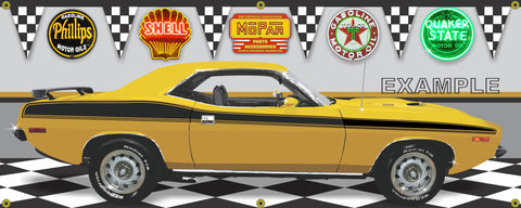 1973 PLYMOUTH CUDA MOPAR YELLOW GOLD CAR GARAGE SCENE SIDE VIEW BANNER SIGN CAR ART MURAL VARIOUS SIZES