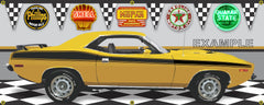 1973 PLYMOUTH CUDA MOPAR YELLOW GOLD CAR GARAGE SCENE SIDE VIEW BANNER SIGN CAR ART MURAL VARIOUS SIZES
