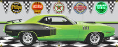 1973 PLYMOUTH HEMI CUDA SUBLIME GREEN CAR GARAGE SCENE SIDE VIEW BANNER SIGN CAR ART MURAL VARIOUS SIZES