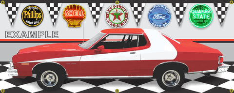1974 FORD GRAN TORINO & STARSKY HUTCH GARAGE SCENE SIDE VIEW BANNER SIGN T.V. CAR ART MURAL VARIOUS SIZES