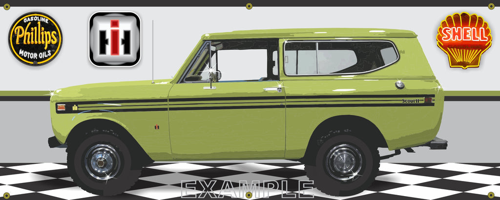 1974 INTERNATIONAL IH SCOUT II CEYLON GREEN GARAGE SCENE SIDE VIEW BANNER SIGN CAR ART MURAL VARIOUS SIZES