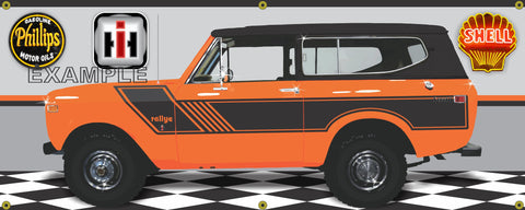 1974 INTERNATIONAL SCOUT II RALLYE ORANGE/BLACK GARAGE SCENE SIDE VIEW BANNER SIGN CAR ART MURAL VARIOUS SIZES