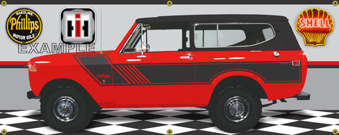 1974 INTERNATIONAL SCOUT II RALLYE RED/BLACK GARAGE SCENE SIDE VIEW BANNER SIGN CAR ART MURAL VARIOUS SIZES