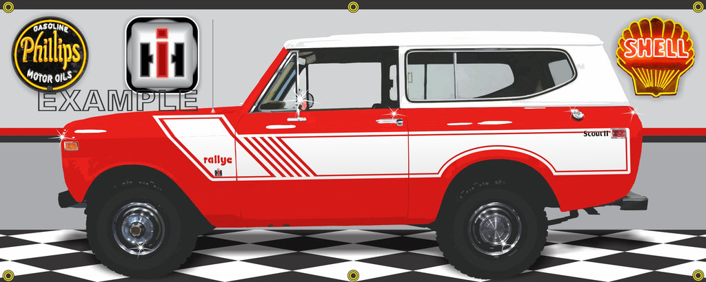 1974 INTERNATIONAL SCOUT II RALLYE RED/WHITE GARAGE SCENE SIDE VIEW BANNER SIGN CAR ART MURAL VARIOUS SIZES